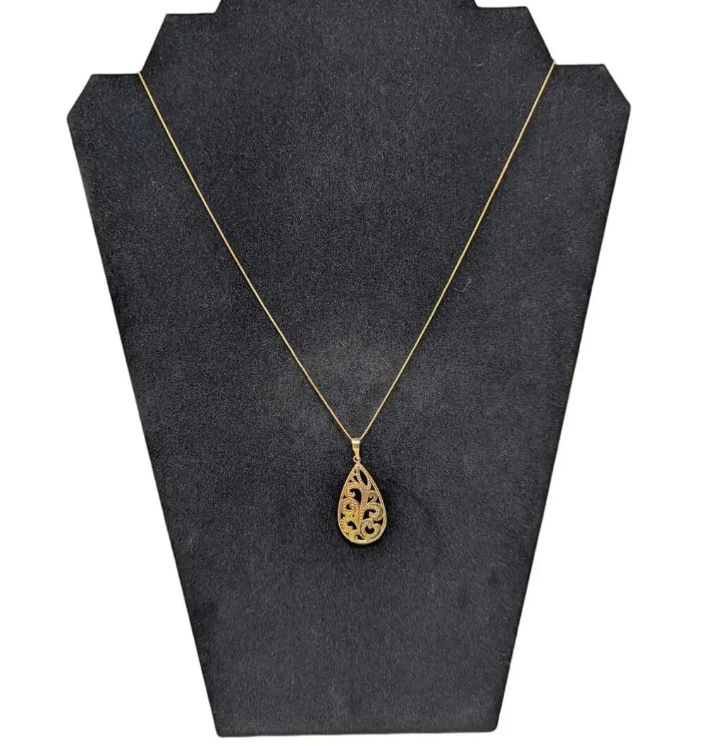 JCM 14K Yellow Gold Filigree Teardrop Pendant Necklace – 17.5”, 2.08g